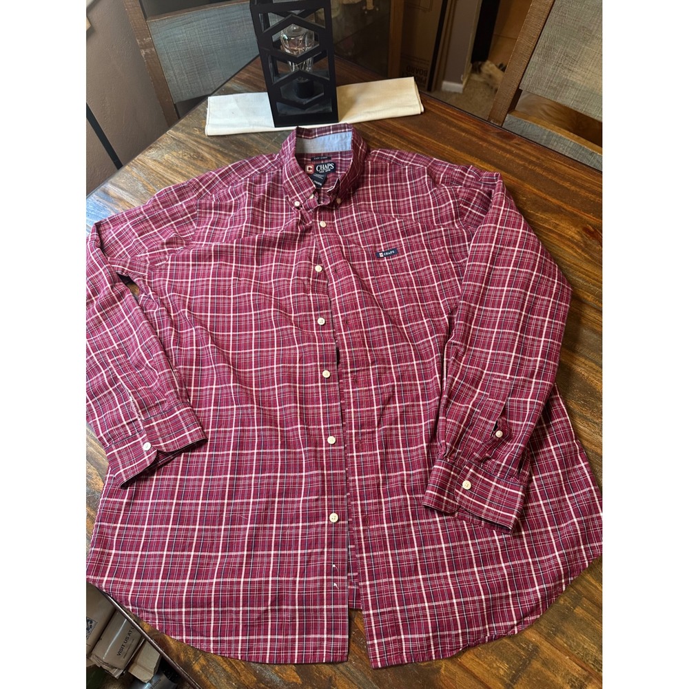 Chaps Mens XL Button Down Shirt Burgundy Plaid Easy Care Long Sleeve Regular Fit